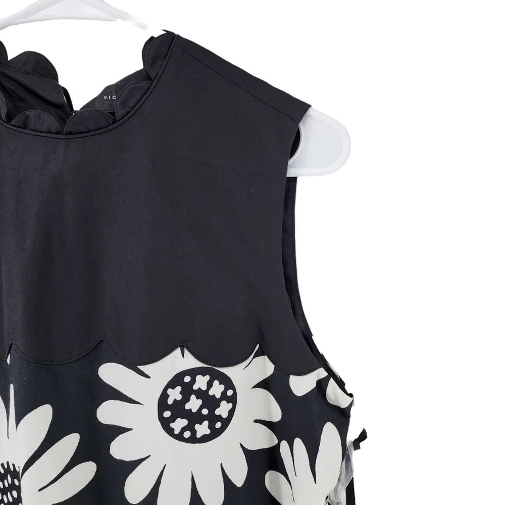 Victoria Beckham Women's Black White Daisy Drop Waist Scallop Trim Dress - M